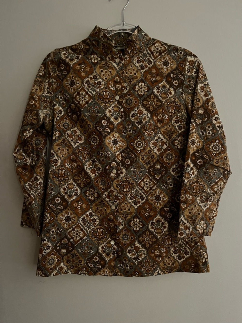 Vintage Button-Up Tunic in Brown Mosaic Print
